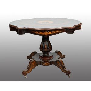 Tavolino antico da centro stanza in legni esotici pregiati di provenienza francese 19secolo.