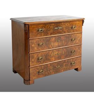 Comoncino antico quattro cassetti in radica di noce 19secolo.