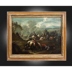 Dipinto antico olio su tela raffigurante una battaglia 17sec.