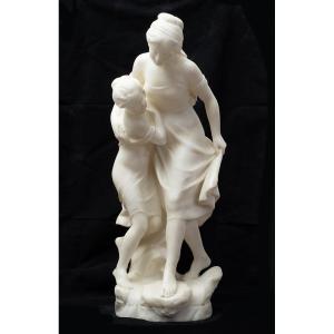 Scultura antica Napoleone III in alabastro raffigurante una scena galante. Francia XIX secolo.
