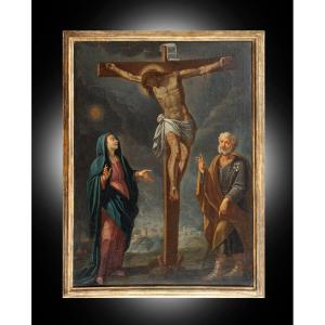 Dipinto antico olio su tela raffigurante la Crocifissione di Cristo 18secolo
