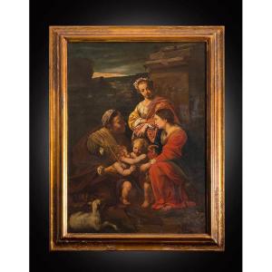  Dipinto antico olio su tela raffigurante "La Sacra Famiglia". Francia inizio XIX secolo.