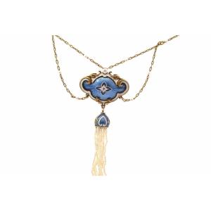 19th Fine Pearl, Diamond And Enamel Necklace In 18k Gold