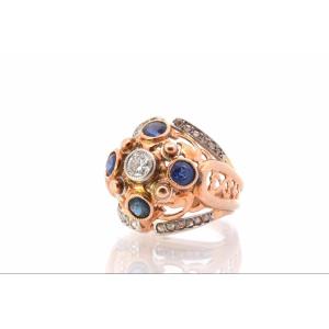 1950 Dome Ring Diamonds And Sapphires In Gold