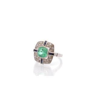 Art Deco Emerald, Diamond And Sapphire Ring