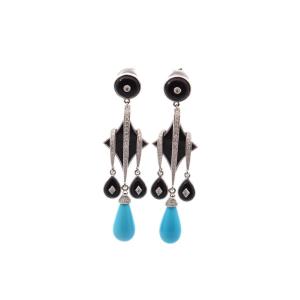 Onyx, Diamond And Turquoise Earrings