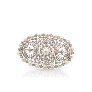 Art Deco Brooch With Fine Pearls And Diamonds