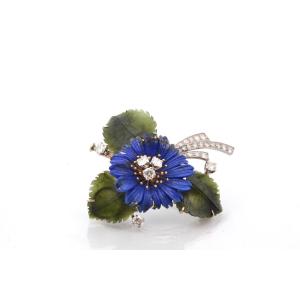 Vintage Brooch With Diamonds, Jade And Lapis Lazuli