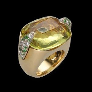 Pomellato Pin Up Ring In Yellow Gold With Yellow Quartz, Diamonds & Tsavorites.