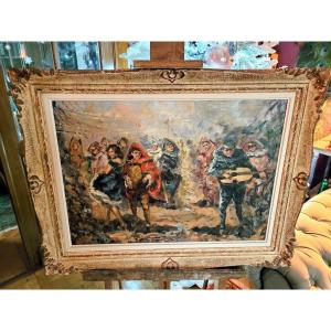 " Sc&egrave;ne Carnavalesque " Grande Huile sur Toile de Franes Rispoli - XXe Si&egrave;cle