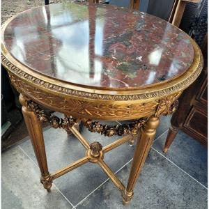 Louis XVI Pedestal Table In Gilded Carved Wood - Turquin De Caunes Marble - 19th Century