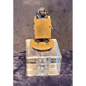 Inkwell "poodle Sandwich" Bronze & Crystal - 19th Century