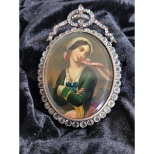 Large Painted Miniature In A Frame On A Stand Surrounded By Rhine Stones - 18th Century - 19th Century