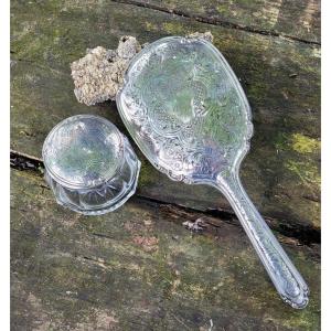 Face à Main In Sterling Silver Accompanied By Its Crystal Powder Dish - 19th Century