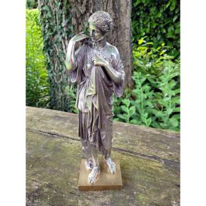 "diane De Gabies" Large Sculpture In Silvered Bronze - 19th Century