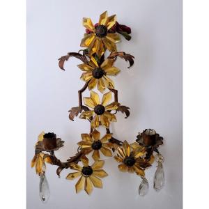 Wall Lamp With 2 Flames In Wrought Iron And Colored Glass - Early 20th Century 