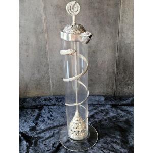 Object Of Curiosity "pharmaceutical Infusion Tube" In Glass With Silver Stirrer - 19th Century