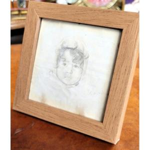 Sketch "portrait Of A Baby" In Lead Pencil Signed - 19th Century