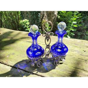 Blue Overlay Crystal Oil And Vinegar Cruet Servant - 19th Century 