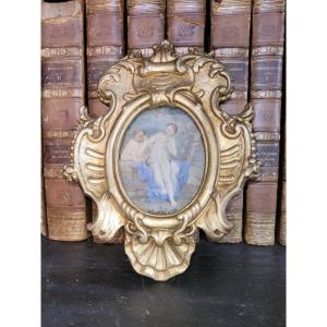 18th Century Painted Miniature From The Louis XV Period In A Carved Gilded Wooden Frame.
