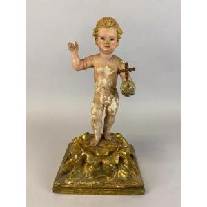 "jesus Child" Holding The Cruciferous Orb - Polychrome Wooden Sculpture - 18th Century