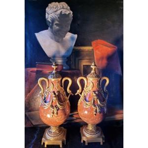  Pair Of Louis XVI Vases In Red Marble And Gilded Bronzes With Swans - 19th Century