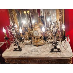  Large Pair Of 3-arm Bronze Girandoles With Crystal Tassels - 19th Century
