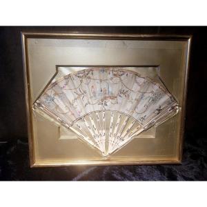 18th Century Fan - Hand Painted On Paper In Gilded Frame