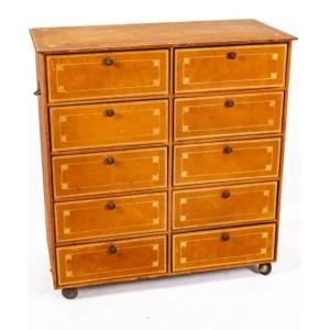 Box Cabinet Opening With 10 Drawers - Entirely Covered In Leather And Gilded With Small Iron - Early 20th Century