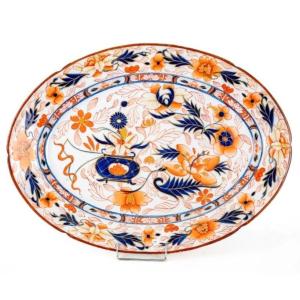 China 19th Century - Large Oval Polychrome Porcelain Dish With Imari Decoration