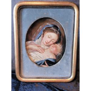 "virgin And The Sleeping Child Jesus" - Oil On Copper Dating From The 19th Century 