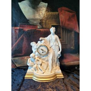 "allegory Of The Night Group" Clock In Sèvres Biscuit Porcelain Signed - 19th Century