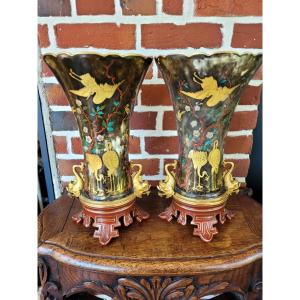 Large Pair Of Porcelain Vases Signed "l'escalier De Cristal" - 19th Century