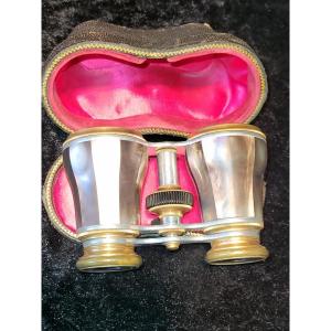 Pair Of Mother-of-pearl Veneered Theater Binoculars In Case - 19th Century
