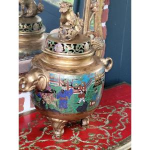 "large Incense Burner" In Bronze & Cloisonné Enamels 50 Cm - Japan Meiji Period (1868-1912)