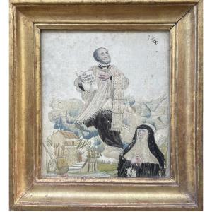 Needlepoint And Watercolor Painting On Chenille Silk - 18th Century 