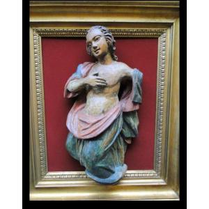 Large Statue "adoring Angel" Polychrome Wooden Sculpture - 17th Century 