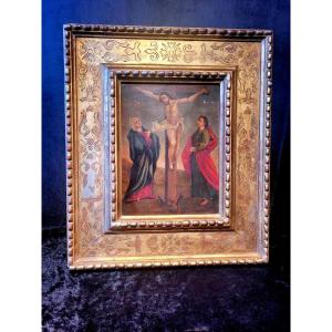 "the Crucifixion Of Christ" Oil On Copper Framed Dating From The 17th Century 