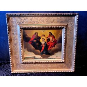 "coronation Of The Virgin" Framed Oil On Copper Dating From The 17th Century