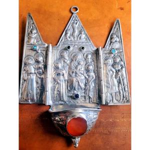  Triptych Holy Water Font In Solid Silver Decorated With The Virgin Mary And The Baby Jesus. 