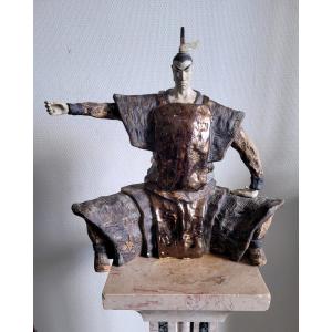 Japanese Polychrome Terracotta Warrior Signed - 20th Century
