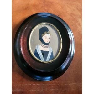 Large Painted Miniature "lady With Hennin From The Renaissance" Signed Arpin? 19th Century Period