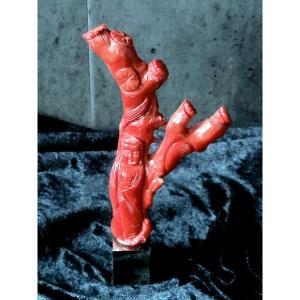 Red Coral Sculpture - Deity In A Tree 