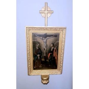  "christ On The Cross" Oil On Canvas Mounted On Panel - 17th Century 
