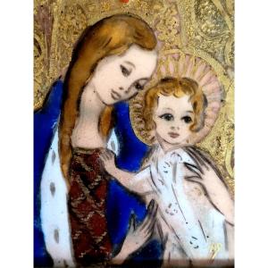 "virgin And Child" Enamel On Copper Signed Ad - Early 20th Century