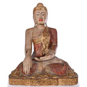 Large Polychrome Carved Wooden Buddha With Glass Bead Inlays - 19th Century 