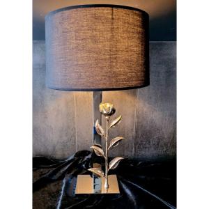 Lamp With Chrome Base And Bronze Rose By Dlg Maison Charles - 1970s