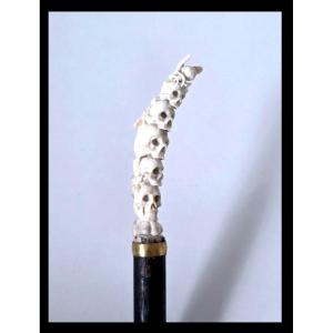 Walking Stick With A Memento Mori Handle Made Of Carved Antler (deer Antler) 