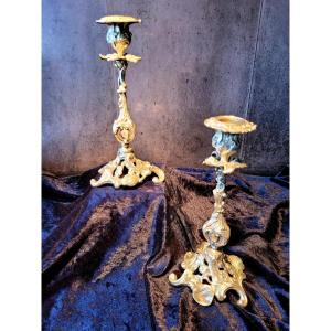 Pair Of Louis XV Rococo Candlesticks In Gilt Bronze - 19th Century