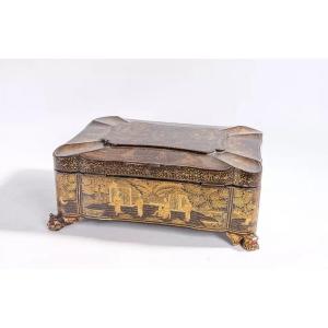 Black Lacquered Wood Book Box - Gilded Decorations - China 19th Century Canton